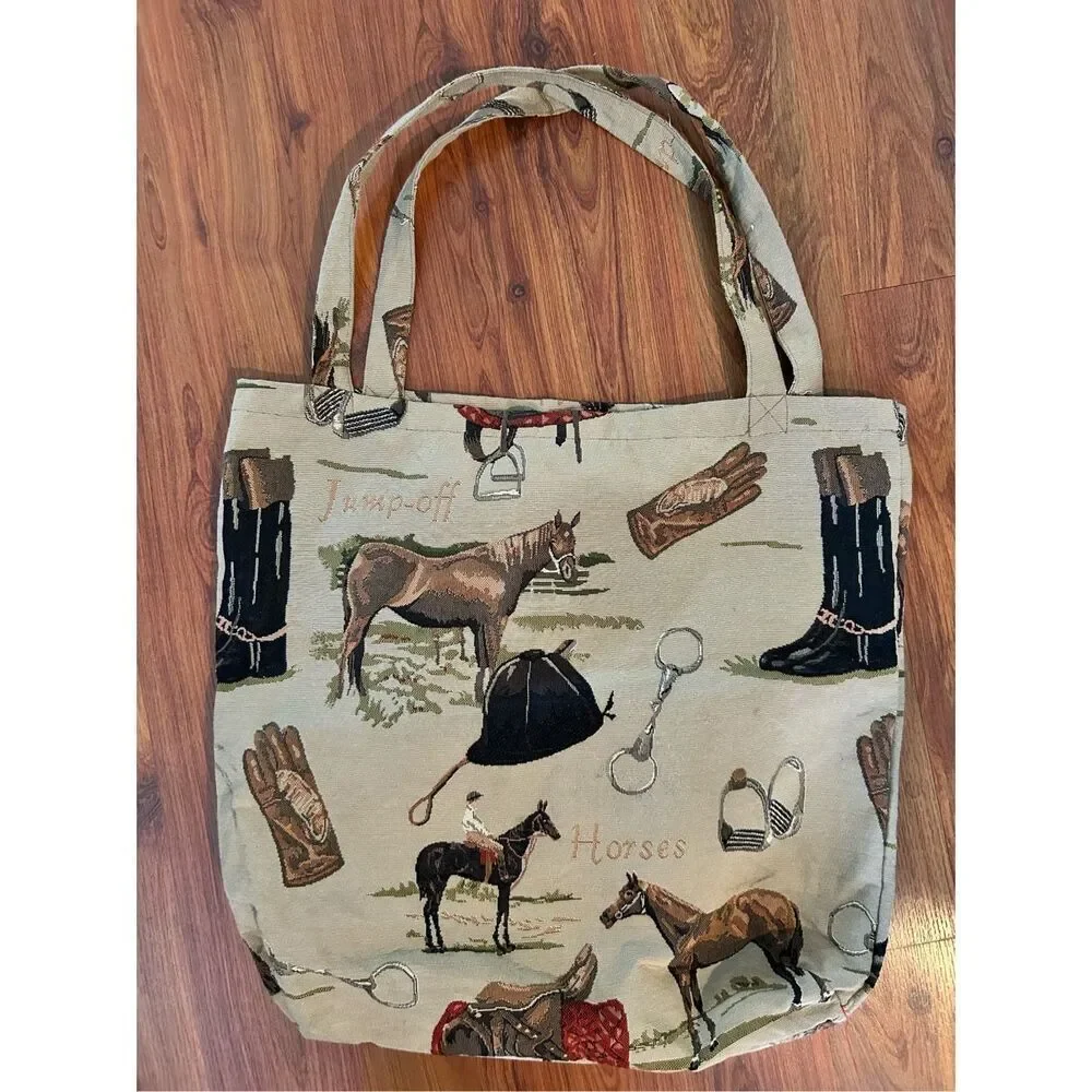 Tapestry racing horse jockey tote bag handmade vintage